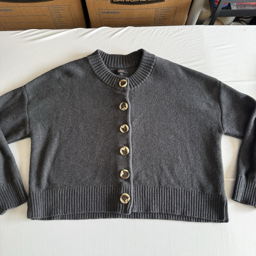 Quince Women 100% Organic Cotton Fisherman Boxy Cropped Cardigan Size M Gray - Picture 4 of 12
